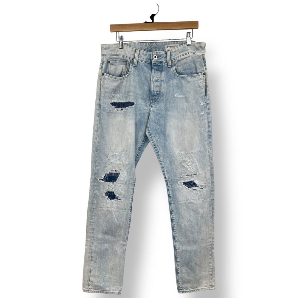G-Star Raw Jeans Mens 33x32 Blue 3301 Slim Fit Tapered Leg Distressed Moto Biker